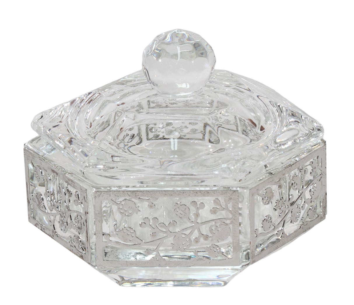 Hexagon Crystal Dish with 3 Legs Floral Metal 2.25" - LEHADAR