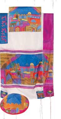 Jerusalem Vista in Color Woven Cotton and Silk Tallit Set By Yair Emanuel 21x77" - LEHADAR