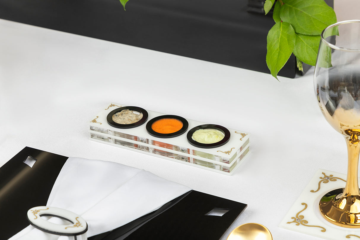 Majestic Dip Server Lucite Engraved GD/SL/BK W/Crystals (Pack of 4) - LEHADAR