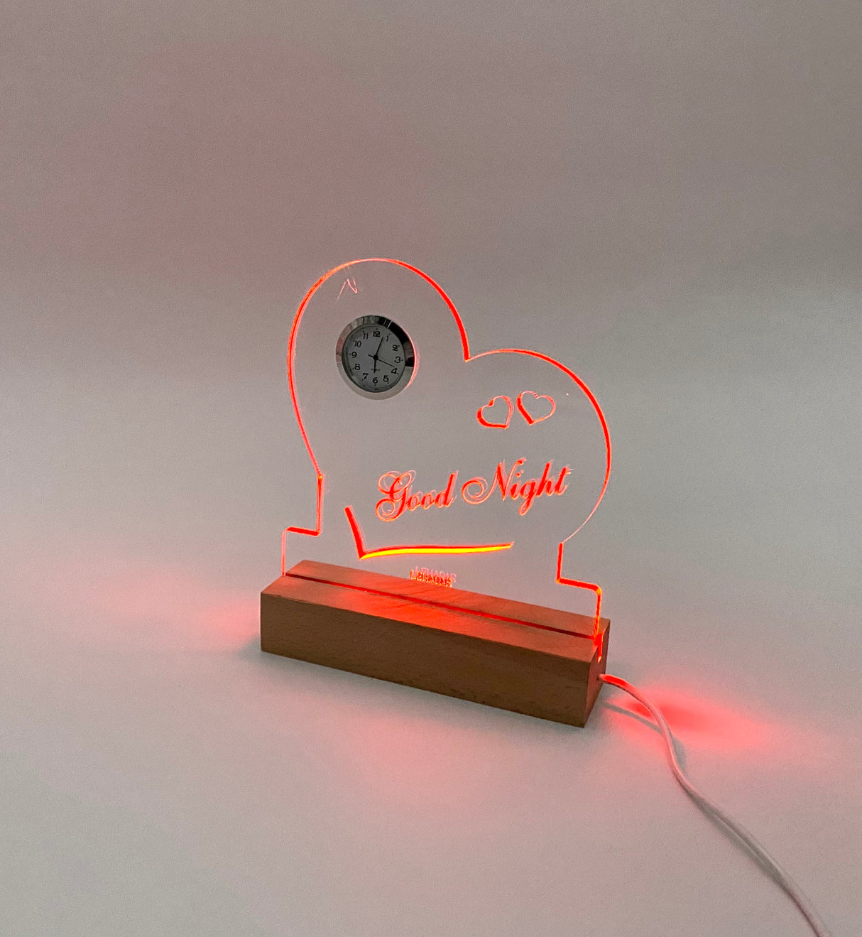 Heart Night Lamp And Clock LED Wooden Base - LEHADAR