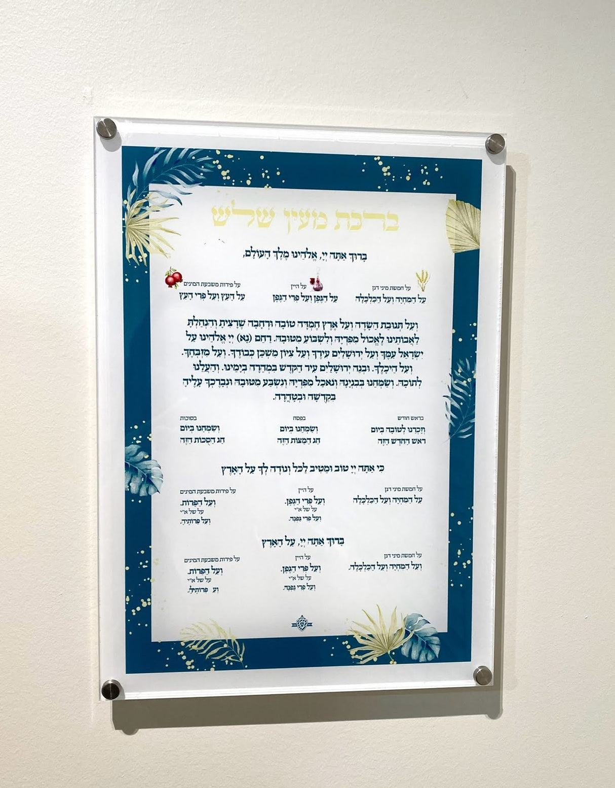 Acrylic Birchat Mein Shulesh - Al Hamichya with Silver Standoffs 10x14" - LEHADAR