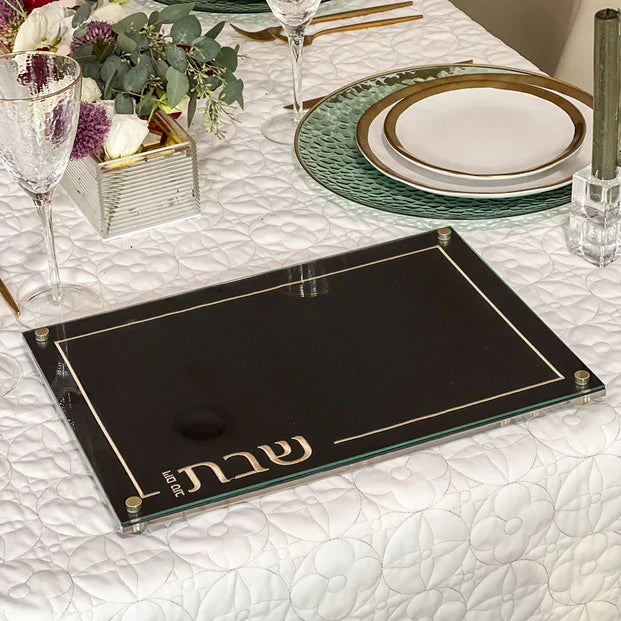 Embroidered Black Leatherette Lucite and Glass Top Challah Board - LEHADAR