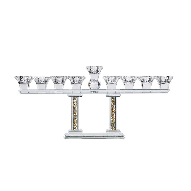 Crystal Menorah on Two Pillars with Gold and Silver Inner Gemstones - LEHADAR