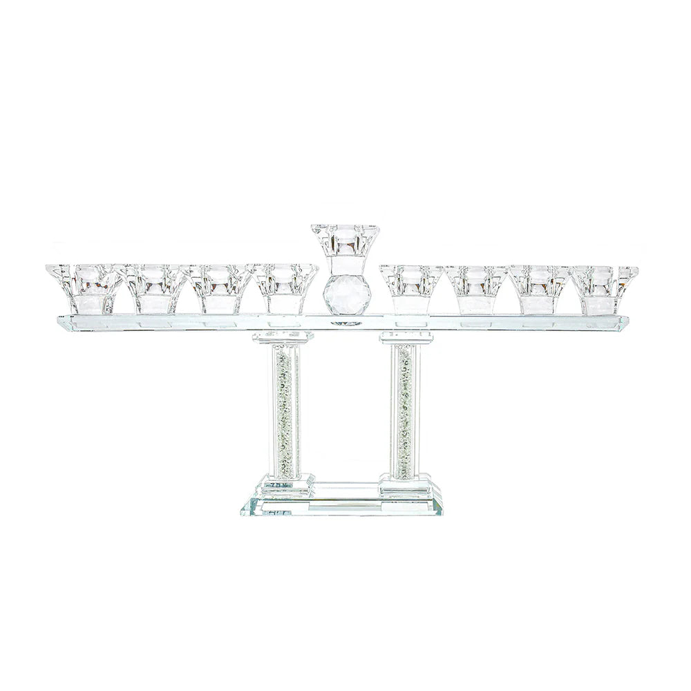 Crystal Menorah on Two Pillars with Gold and Silver Inner Gemstones - LEHADAR