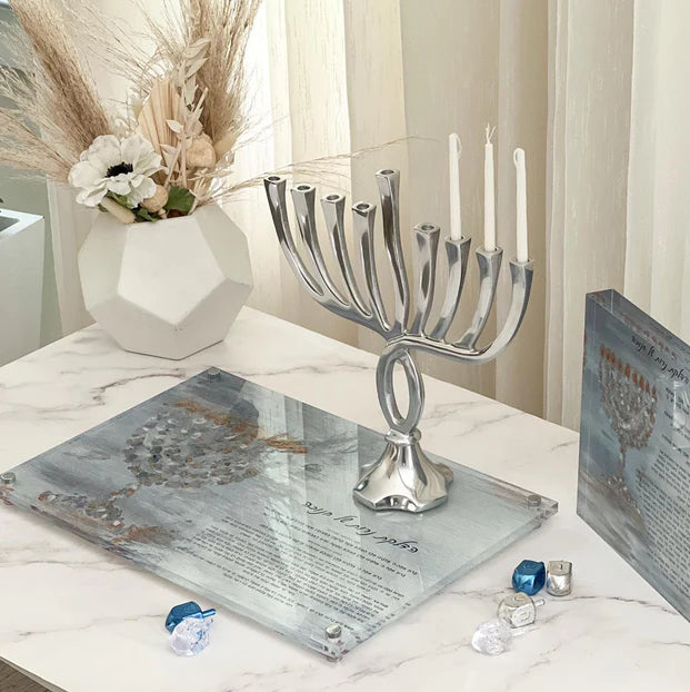 Raised Painted Hadlakos Neiros Shel Chanuka Tray - LEHADAR