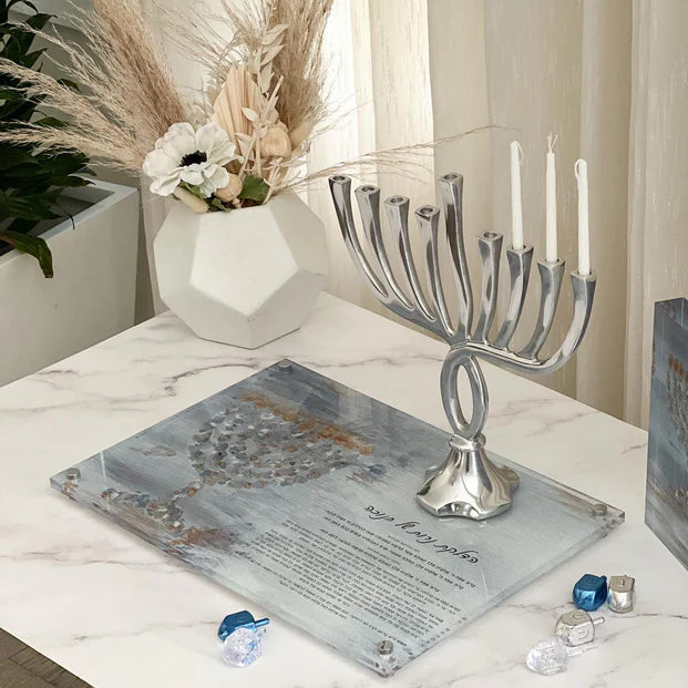 Raised Painted Hadlakos Neiros Shel Chanuka Tray - LEHADAR