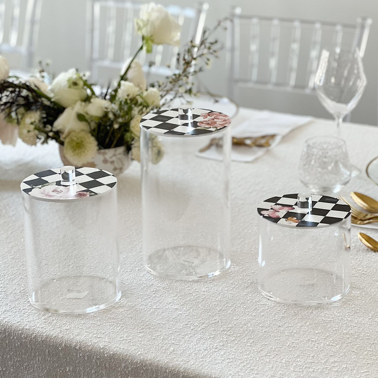 Lucite Cookie Jars with Black Chic Checkered Lids - LEHADAR