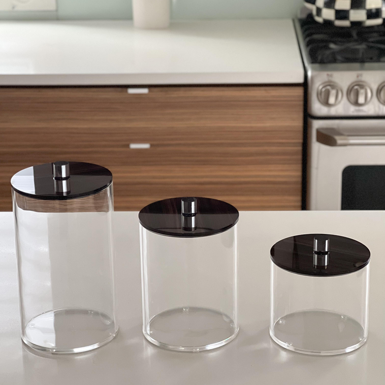 Lucite Cookie Jars with Wood Look LIds - LEHADAR