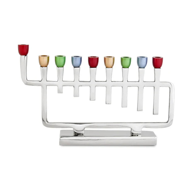 Polished Silver Menorah with Colorful Candle Cups - LEHADAR