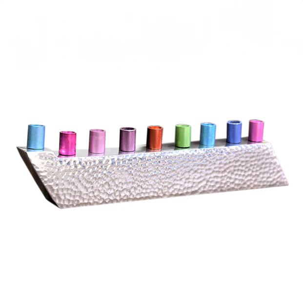 Hammered Design Menorah with Colorful Candle Cups - LEHADAR