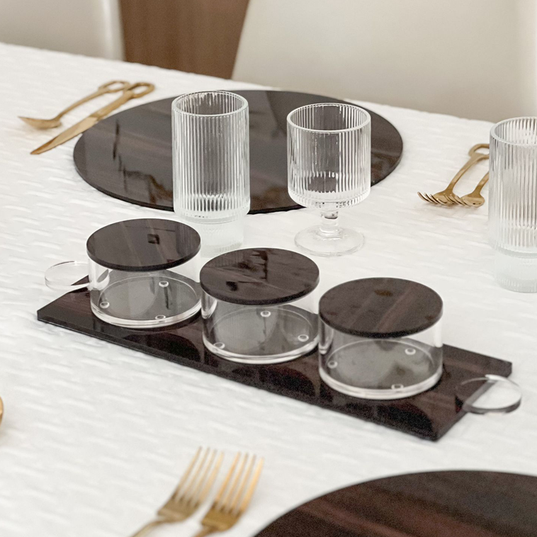 Lucite Wood Look Dip Bowls & Tray - LEHADAR