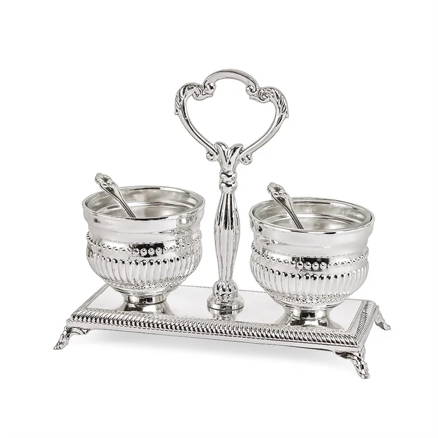 Silver Plated Double Salt Holder Beaded Design - LEHADAR