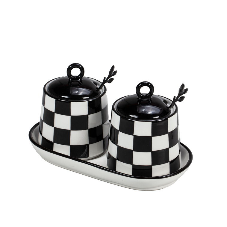 Chic Checkered Porcelain Coffee & Sugar Jars - LEHADAR
