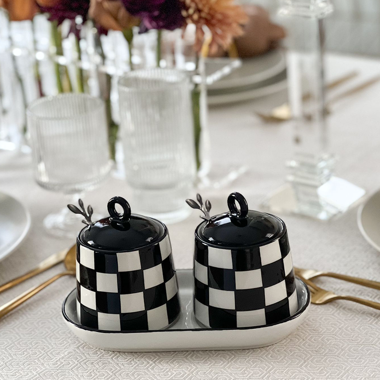 Chic Checkered Porcelain Coffee & Sugar Jars - LEHADAR