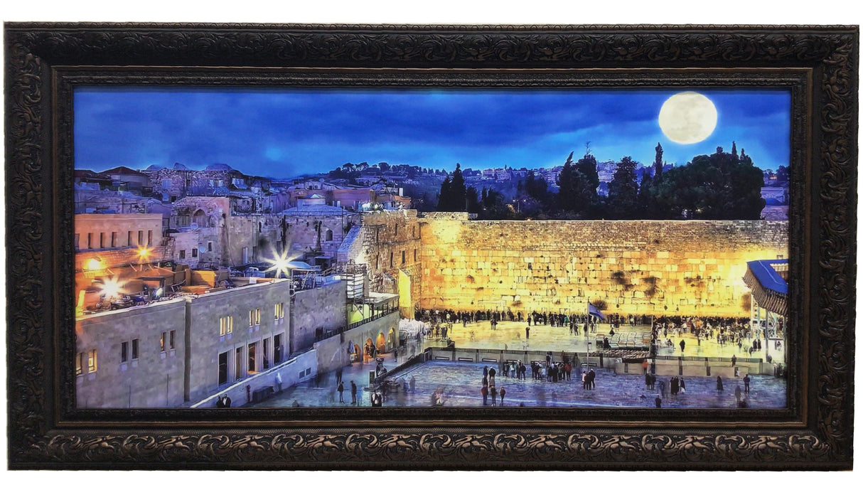 Framed Canvas of the Kotel- Blue night sky with moon - LEHADAR