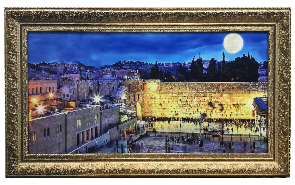 Framed Canvas of the Kotel- Blue night sky with moon - LEHADAR