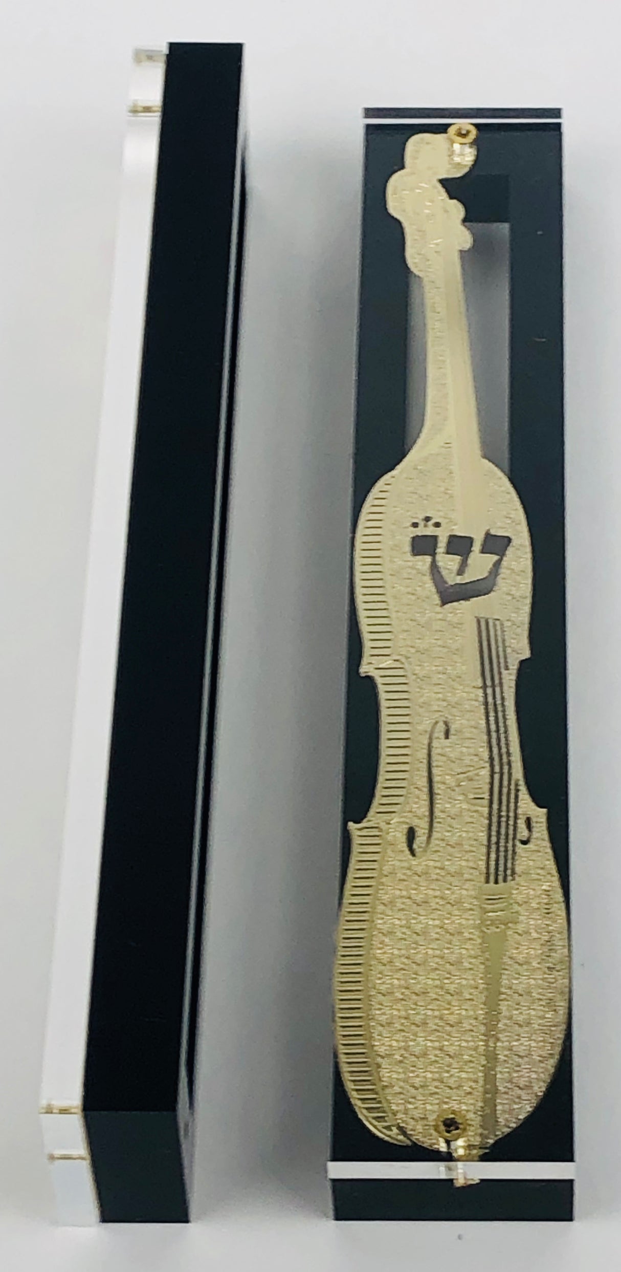 24K Gold Plated Mezuzah Case w/ Black Border- 15 cm scroll Design #1 - LEHADAR