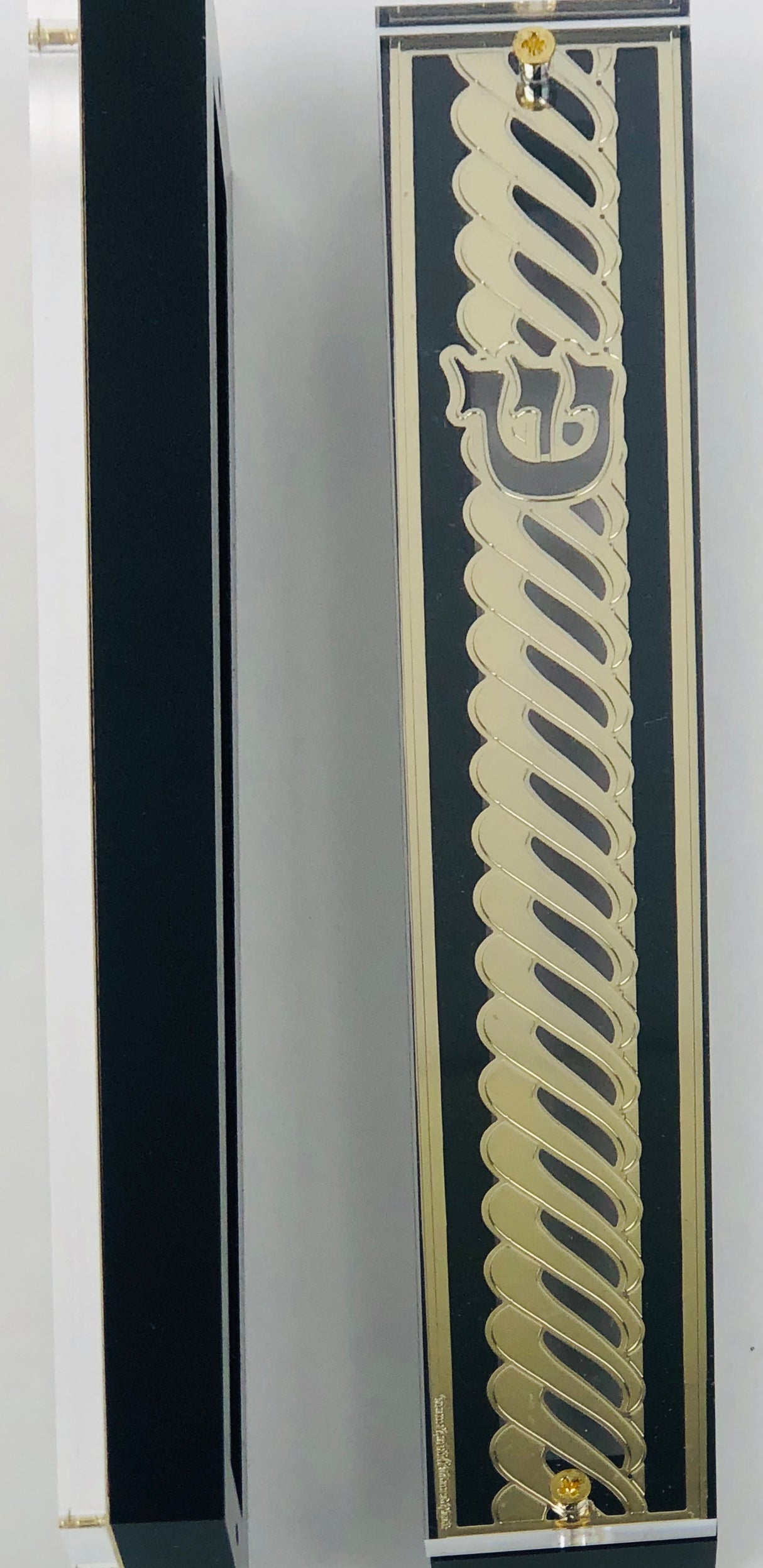 Gold Plated Mezuzah Case w/ Black Border- 15 cm scroll Design #3 - LEHADAR