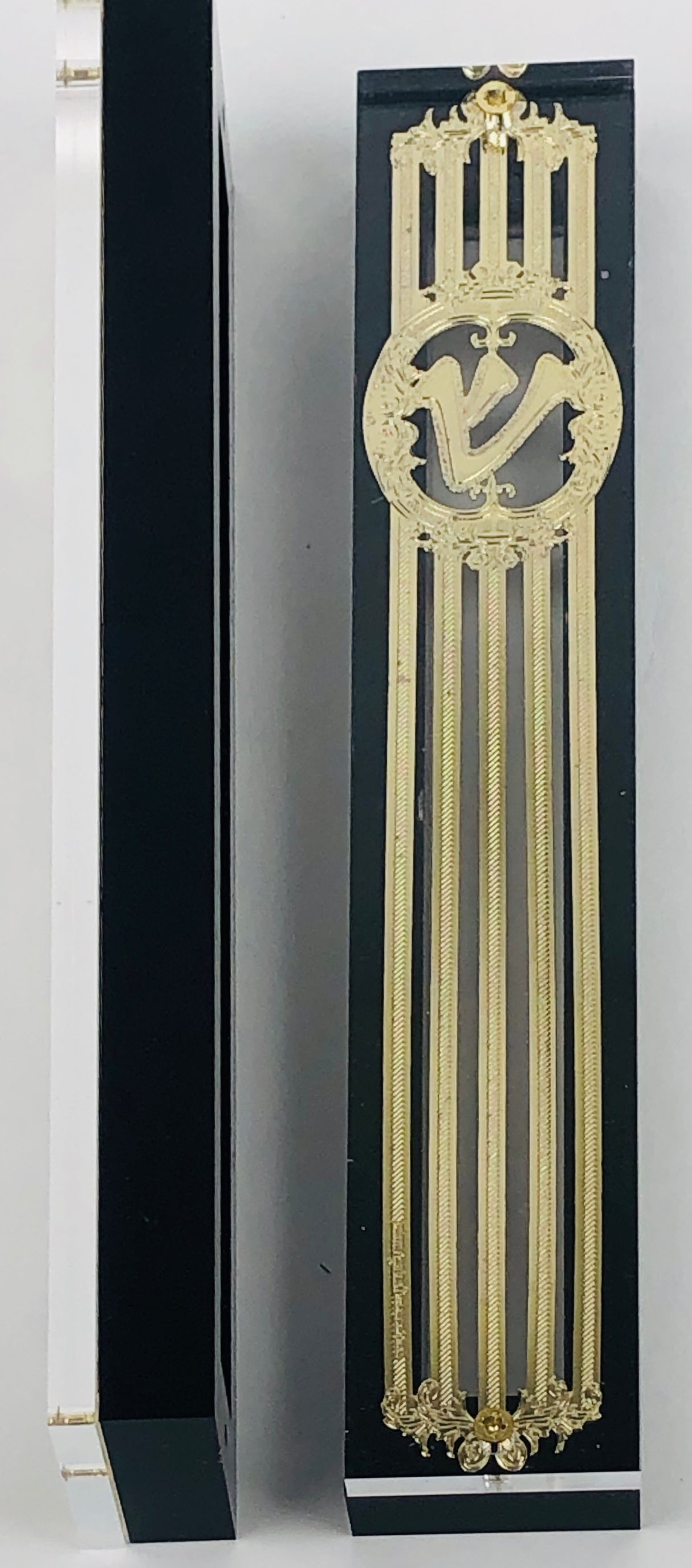 Gold Plated Mezuzah Case w/ Black Border- 15 cm scroll Design #5 - LEHADAR