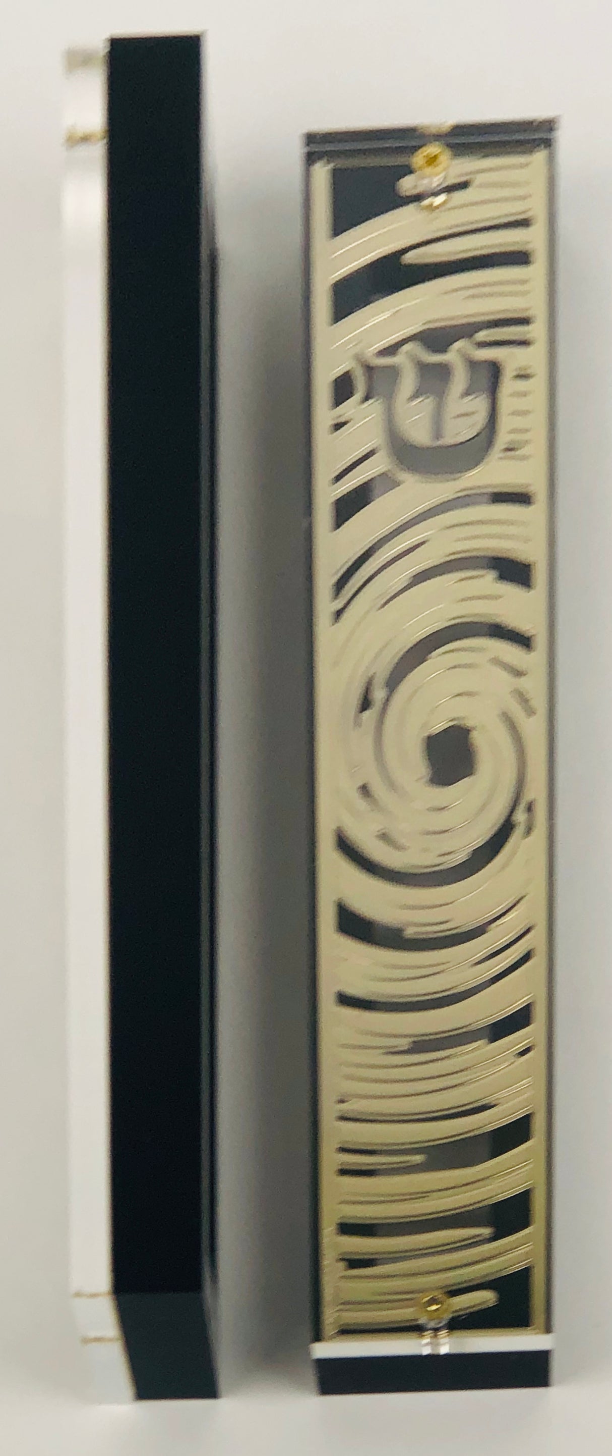 Gold Plated Mezuzah Case w/ Black Border- 15 cm scroll Design #7 - LEHADAR