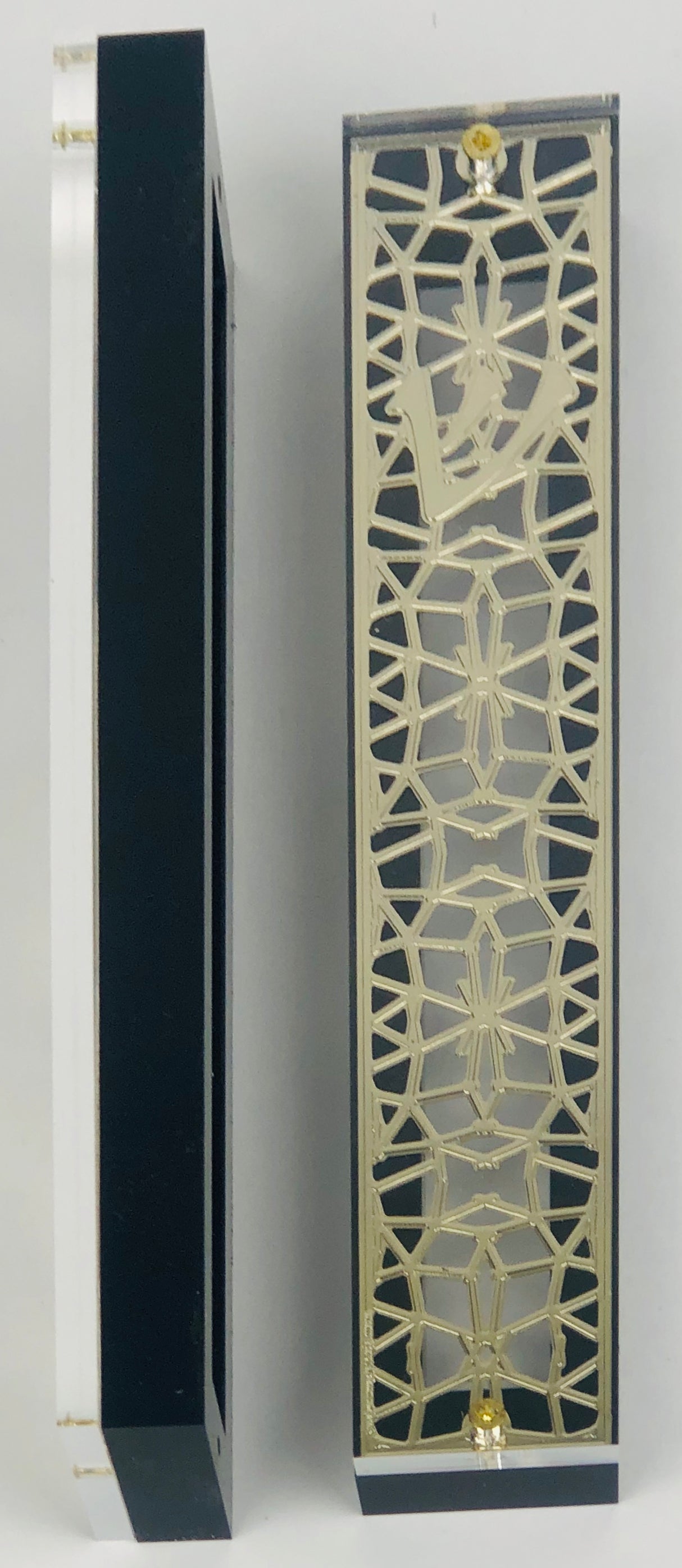 Gold Plated Mezuzah Case w/ Black Border- 15 cm scroll Design #11 - LEHADAR