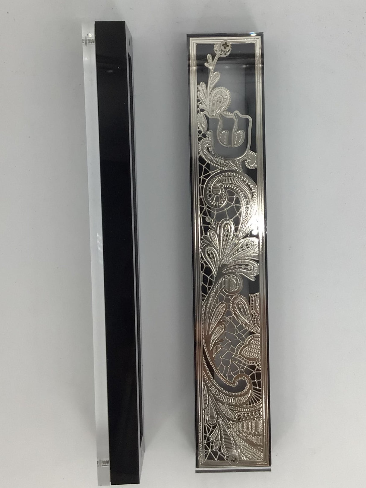Mezuzah Case Silver Plated with Black Border- 15 cm scroll Design #2 - LEHADAR