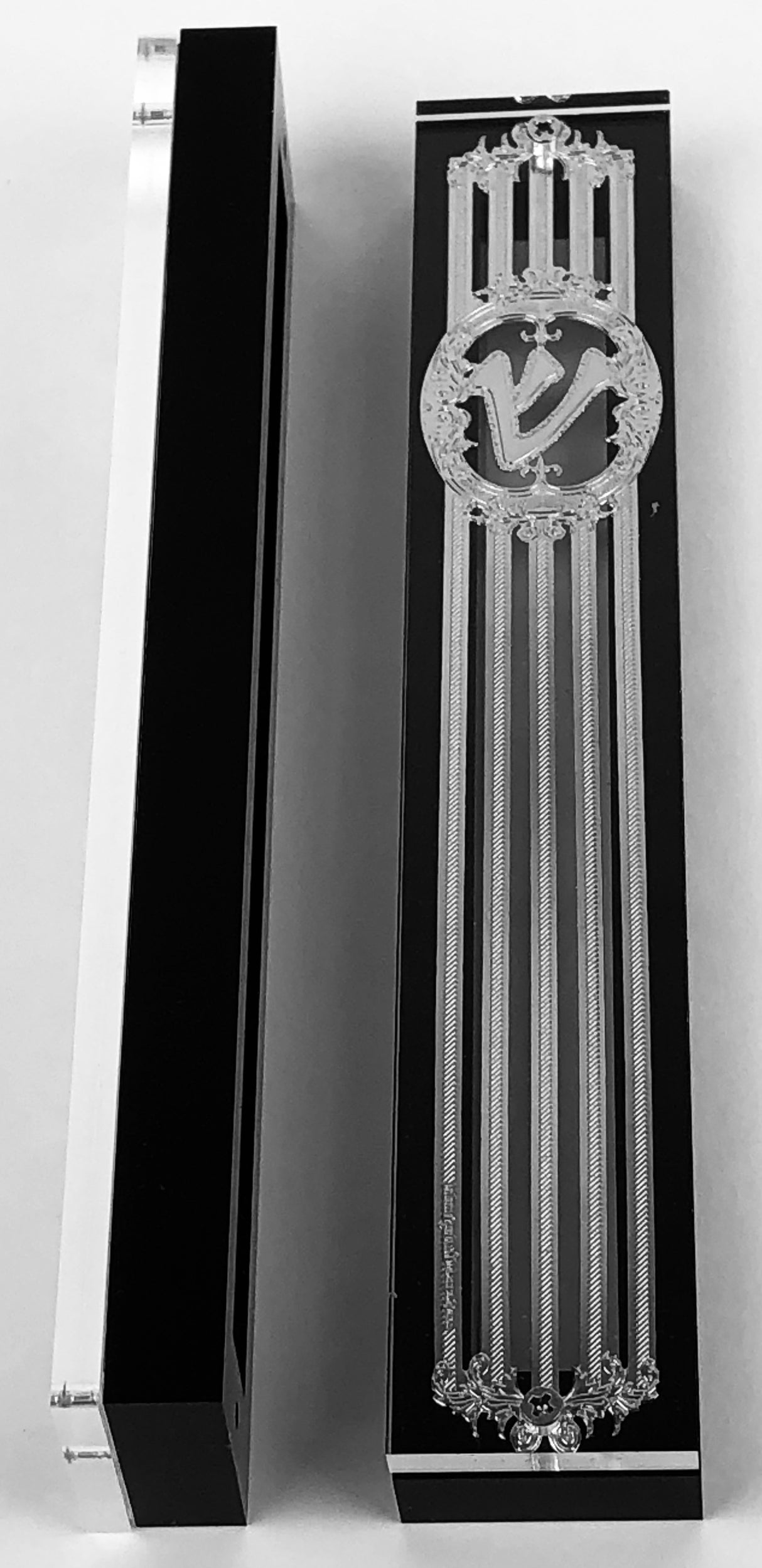 Silver Plated Mezuzah Case w/ Black Border- 15 cm scroll Design #5 - LEHADAR
