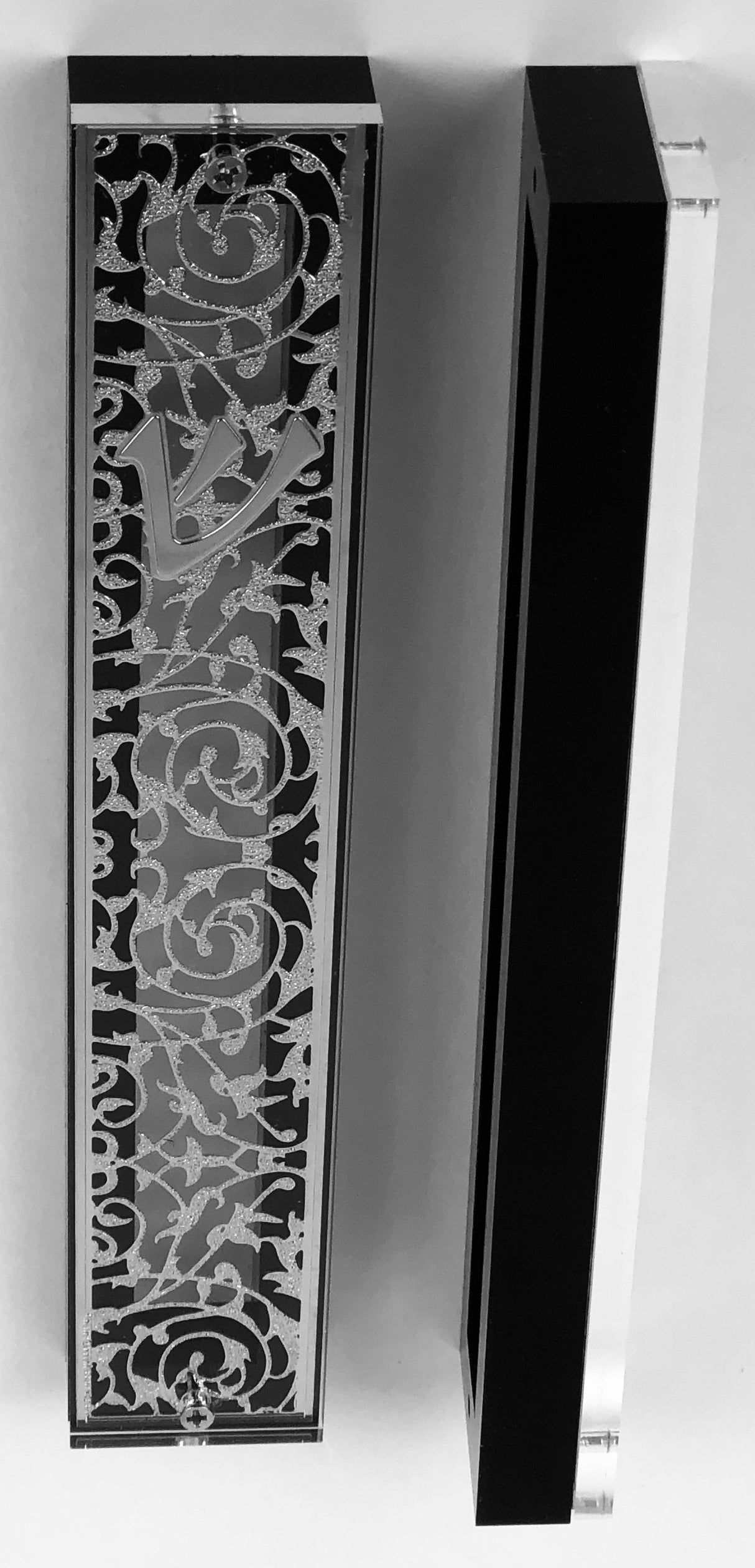 Silver Plated Mezuzah Case w/ Black Border- 15 cm scroll Design #6 - LEHADAR