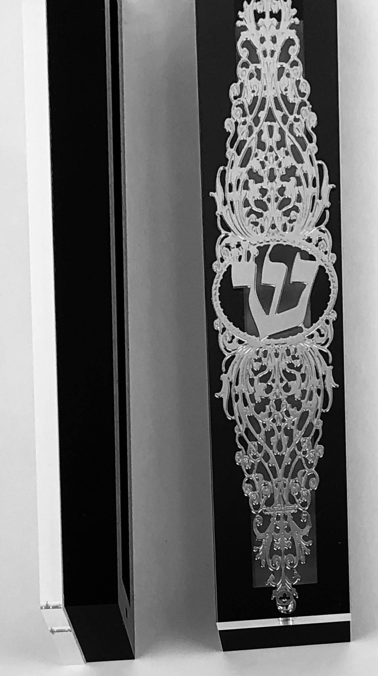 Silver Plated Mezuzah Case w/ Black Border- 15 cm scroll Design #10 - LEHADAR