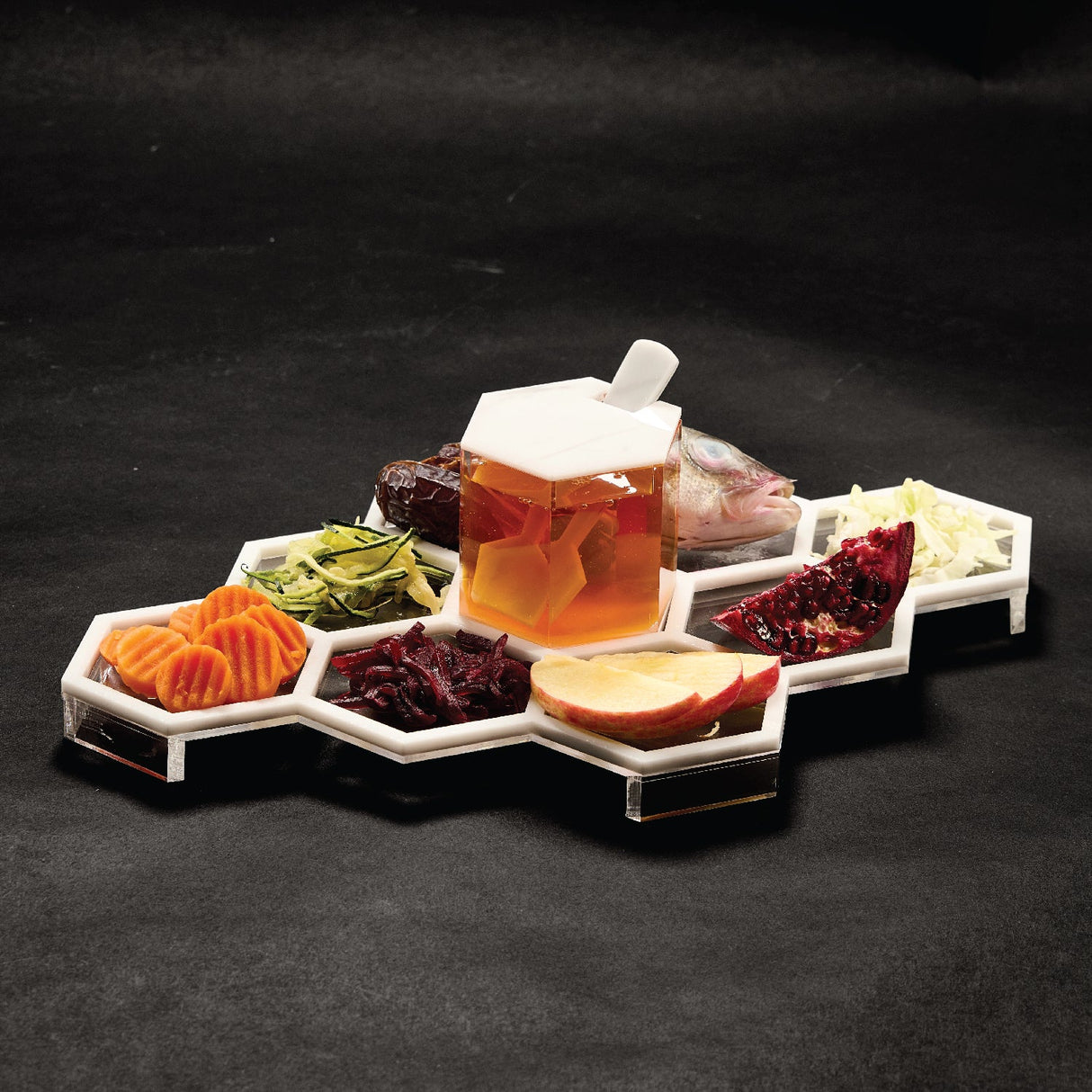 Honeycomb Tabletop Simanim Tray- White Marble Lucite - LEHADAR