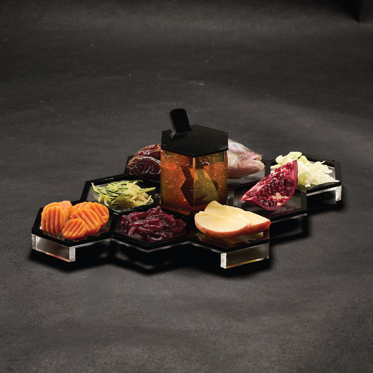 Honeycomb Tabletop Simanim Tray- Black Lucite - LEHADAR
