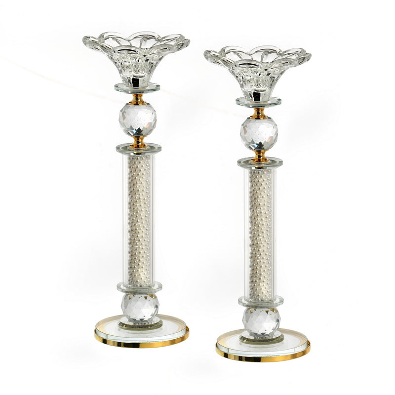 Crystal Candlesticks with Pearls & Gold Metal - LEHADAR