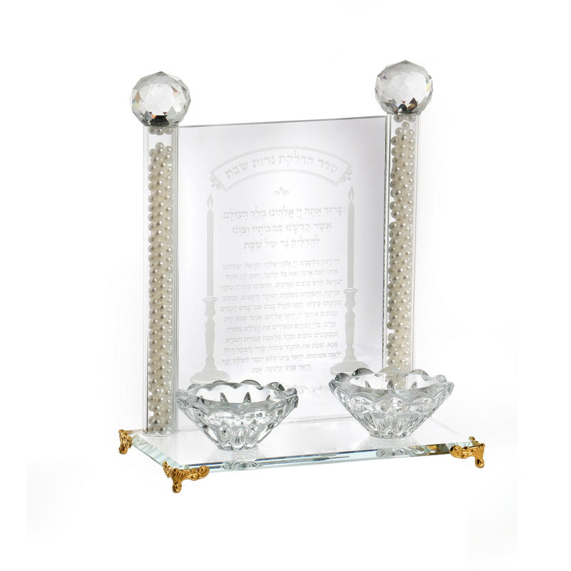 Crystal Candlesticks on Mirror Tray with Gold Legs - LEHADAR