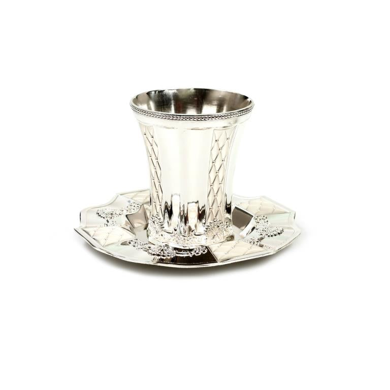 Kiddush Cup Set Silver Plated XP Scalloped Design Matt Cup 3.5" Tray 5.2" - LEHADAR