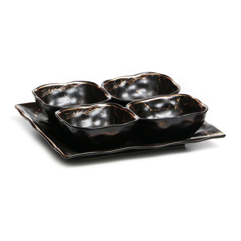 set of 4 Porcelain Dishes With Tray Black With Gold Stripes 9x9" - LEHADAR