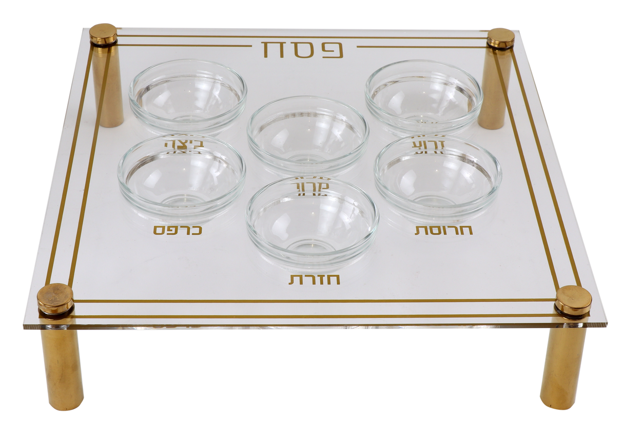 Modern Acrylic Seder Plate with Gold Design & Legs - 6 Glass Bowls - LEHADAR