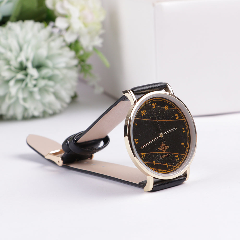 "Watch with Aleph Bais" Handle black face gold rim - LEHADAR