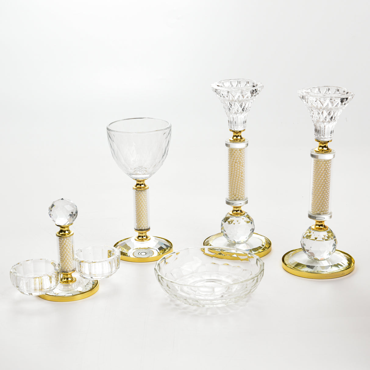 Set of Crystal Cup & tray + Crystal Salt Holder + 2 Crystal Candlesticks - Gold Plated - LEHADAR