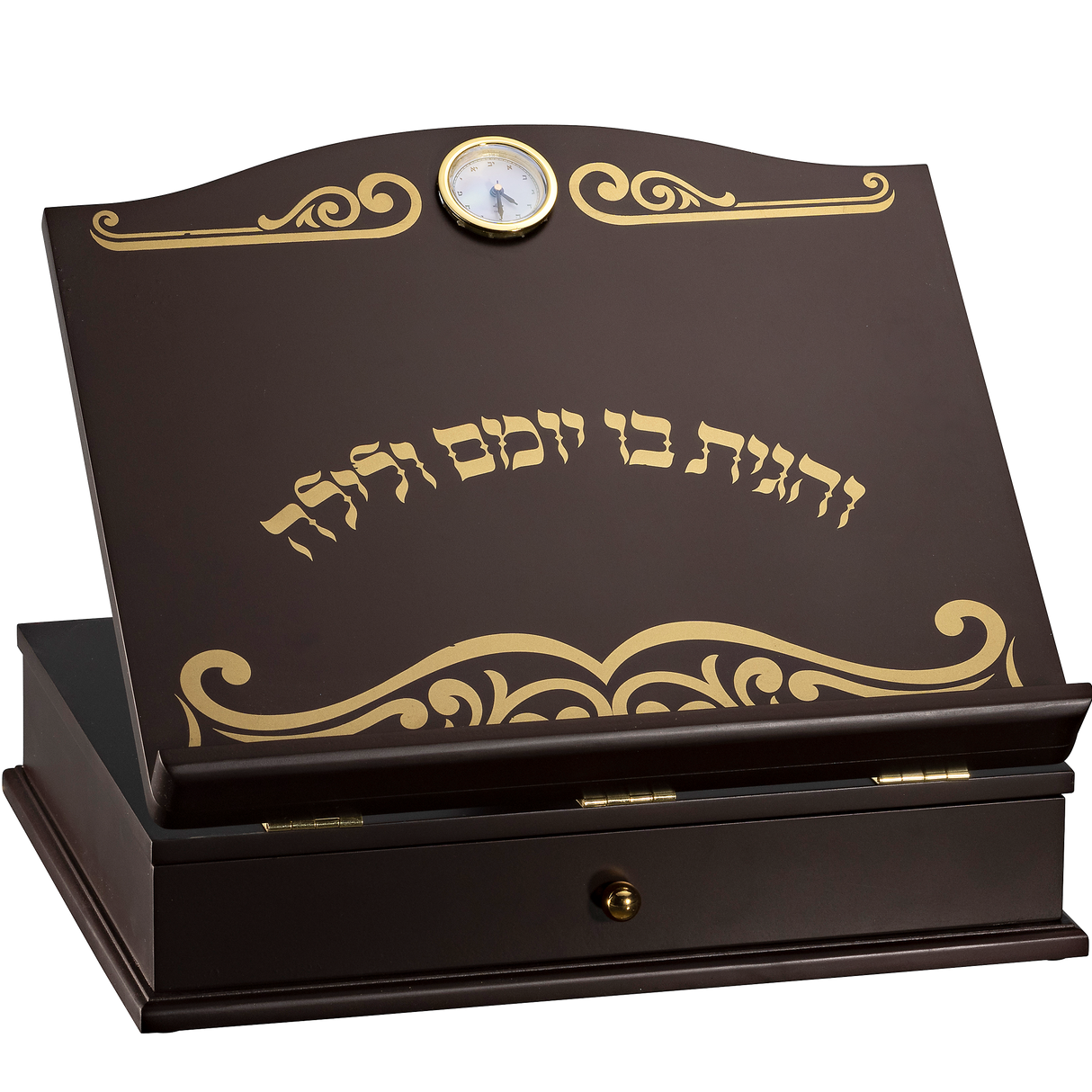 Mahogany Table Shtender Mirror Designed Top And Drawer Gold Clock - LEHADAR