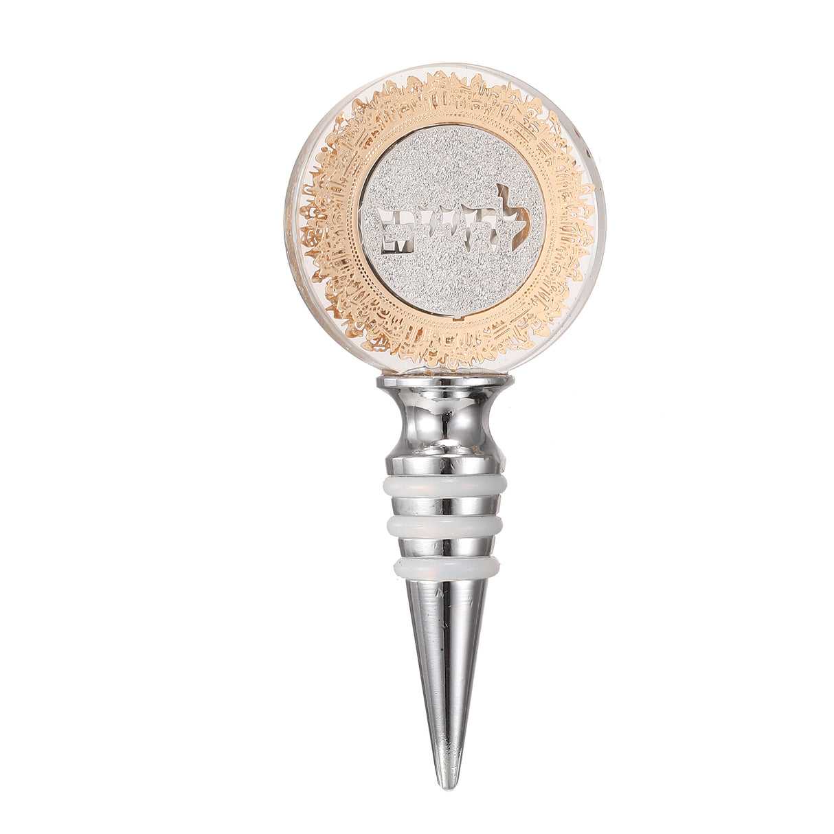 Crystal Wine Bottle Cork "L'chaim" Gold and Silver Plates - LEHADAR