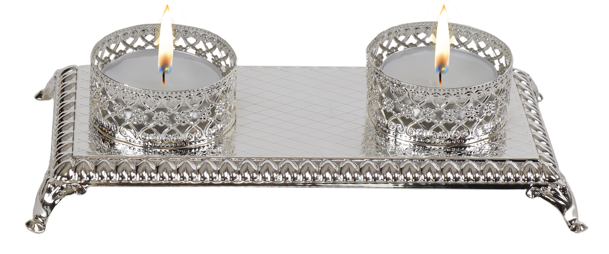 Silver Plated Double Tealight Candle Holder - Floral Design - LEHADAR