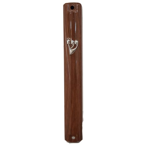 Plastic Mezuzah Cover with Rubber Cork - Brown Wood Design - LEHADAR