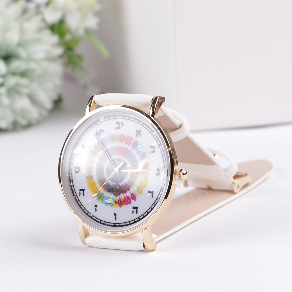 "Watch with Aleph Bais" White Handle Green Designed face Gold rim - LEHADAR