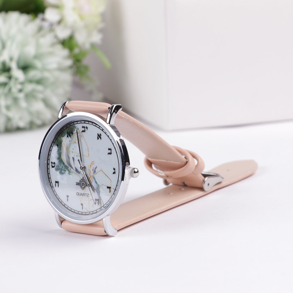 "Watch with Aleph Bais" Pink Handle Green Designed face Silver rim - LEHADAR