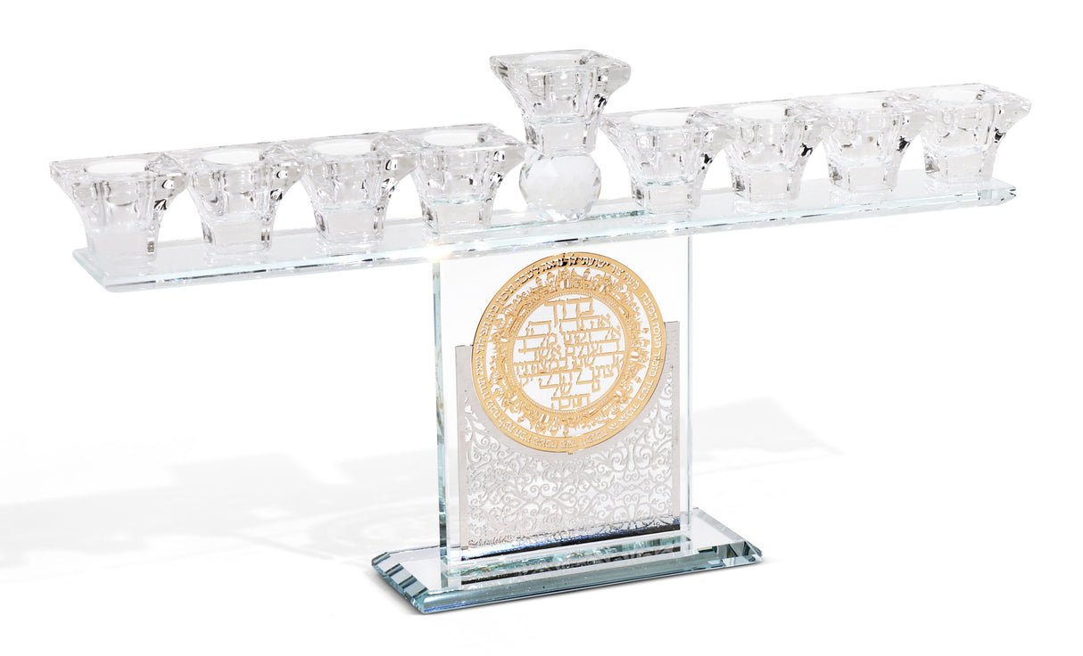 Crystal Menorah with Silver & Gold Blessing Plates - LEHADAR
