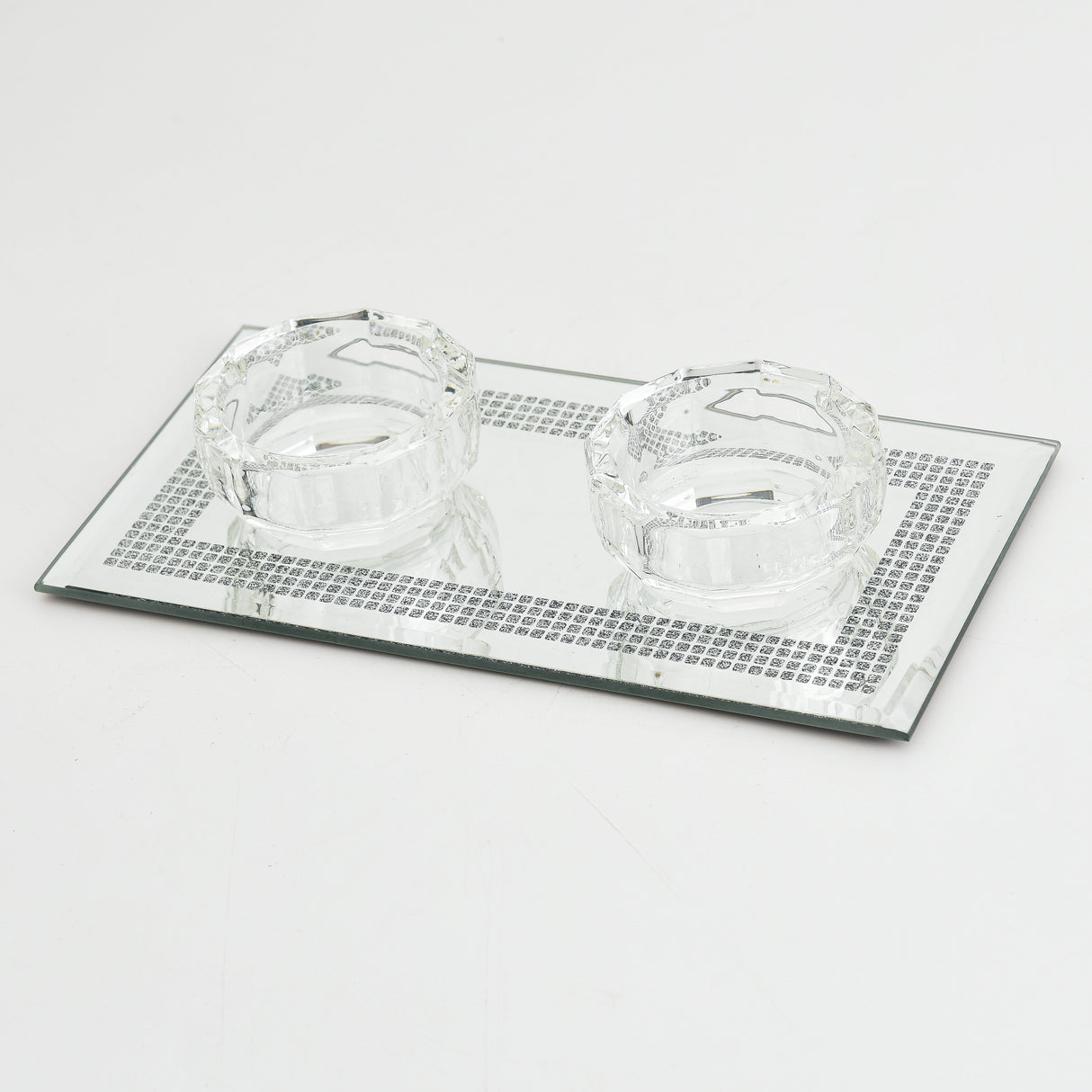 Crystal Candle Holder for 2 With Silver Glitter Print 3.5"x6.75" - LEHADAR