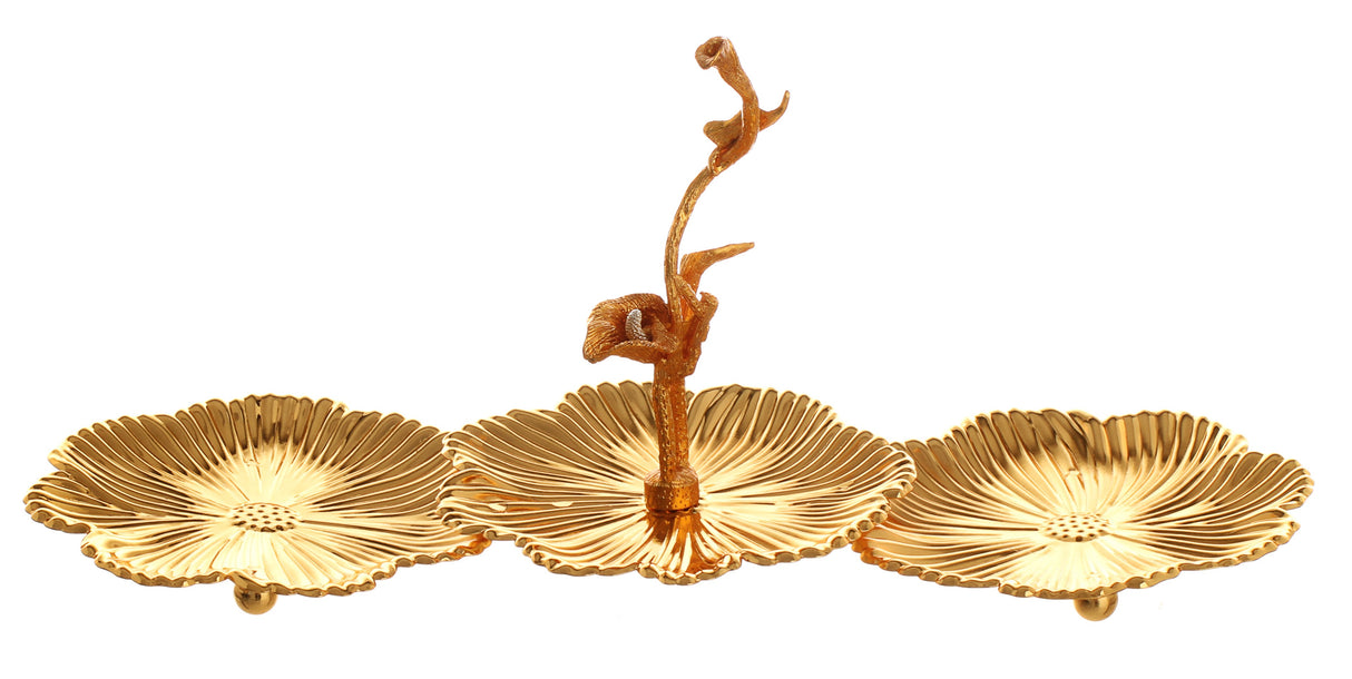 Gold tray rectangle leaves divided into 3 - LEHADAR