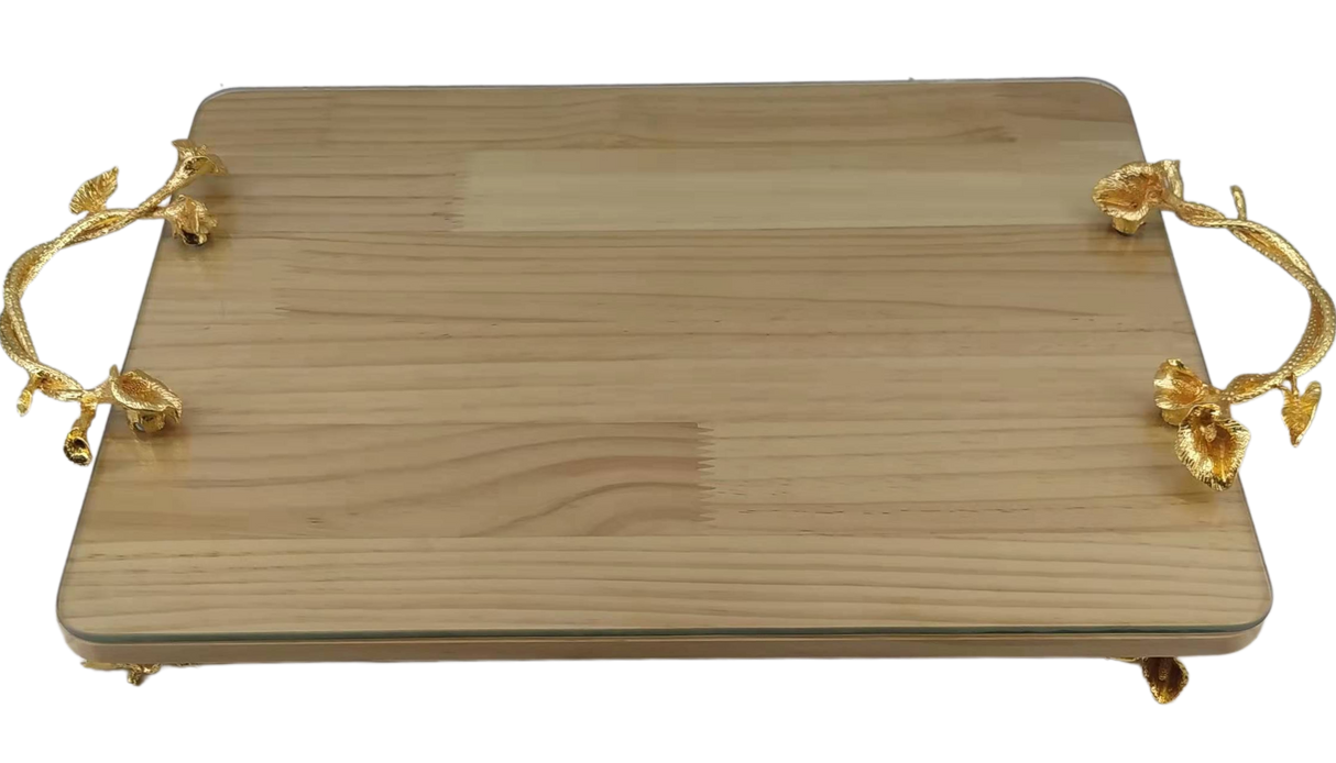 Gold tray rectangle leaves wood with glass 12"x15" - LEHADAR