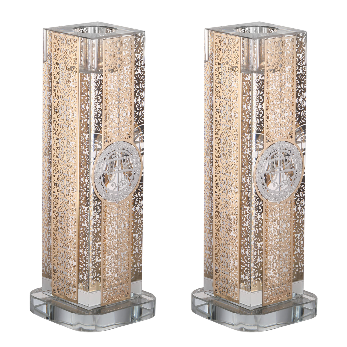 Set of Crystal Candlesticks with 4 Sides Plate 1.5" x 6" - LEHADAR