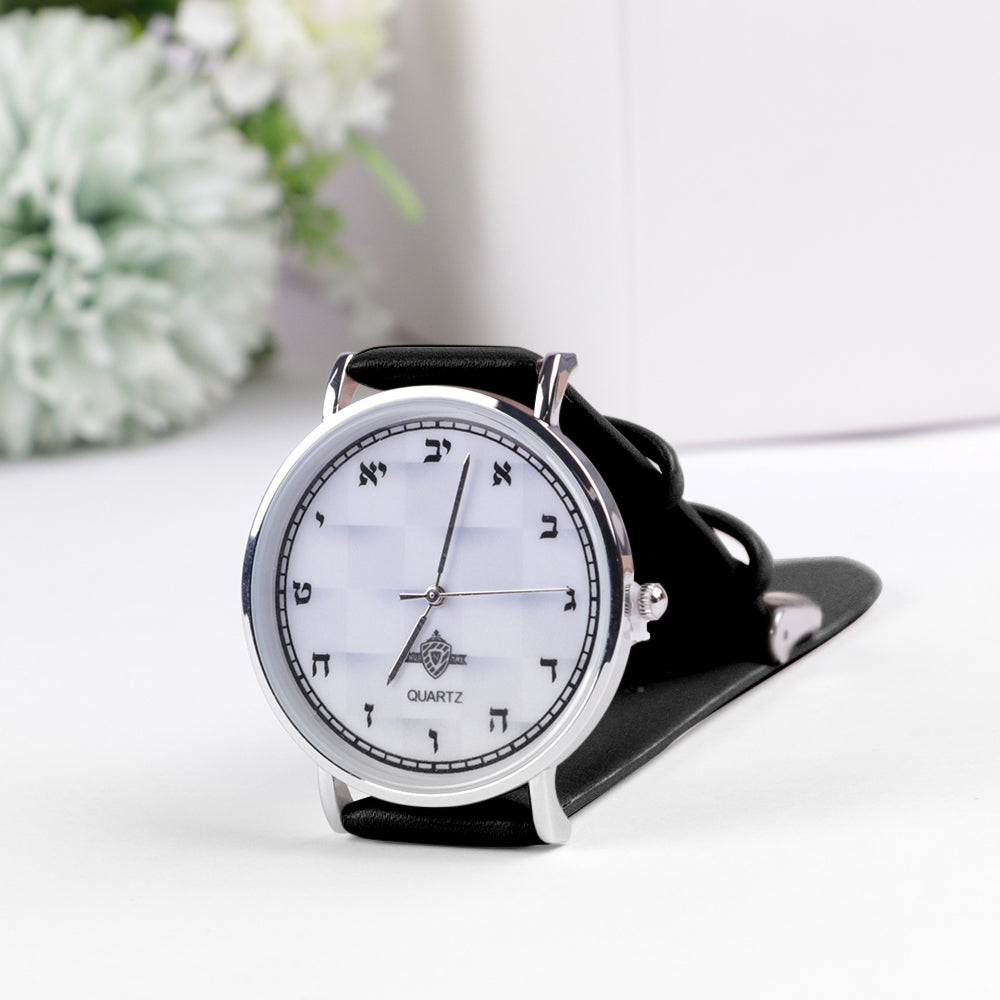 "Watch with Aleph Bais" Black Handle Black 'n White face Silver rim - LEHADAR